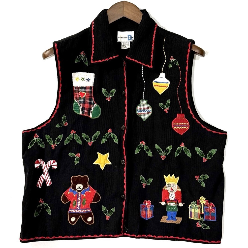 Vintage Paul Harris Design Vest Womens XL Black Corduroy Holiday Festive